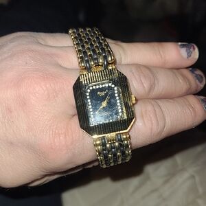 Vintage Gold-Tone Rectangular Bracelet Watch with Black Dial Ronica